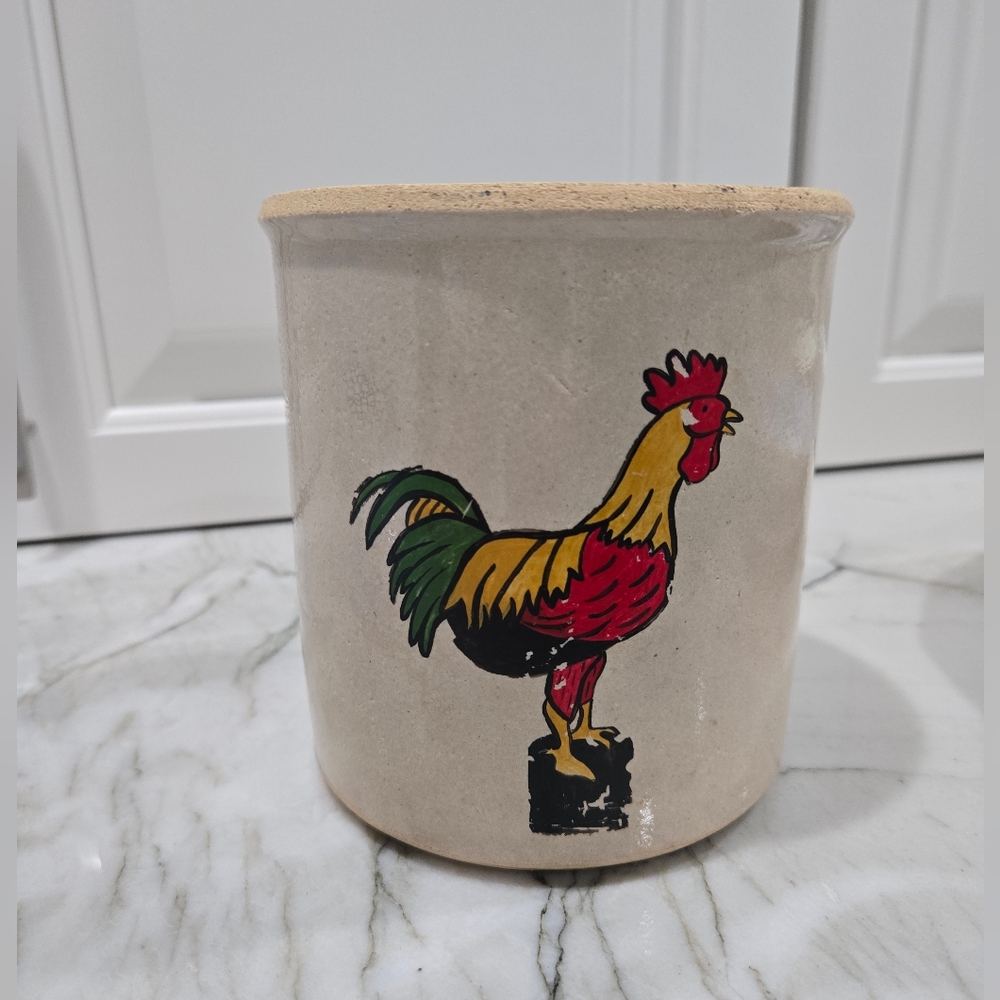 Vintage Rooster Crock Utensil Holder Handmade & Handpainted Stonewear / Pottery